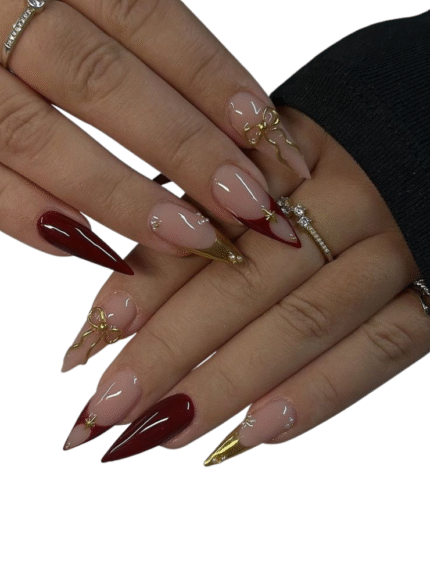 Red Chrome Bow Handmade Nail Set